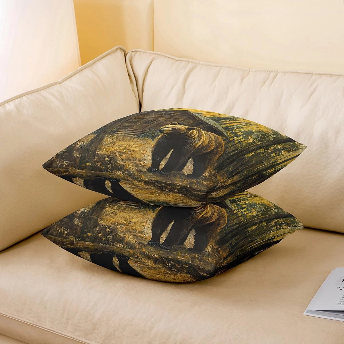 3D Brown Bear Pillow Cover 24x24 Inch Jungle Cabin Wooden Farmhouse Cushion Cover for Kids Teens Adults Wild Animals Oil Painting Style Trees Cushion Case for Housewarming Sofa