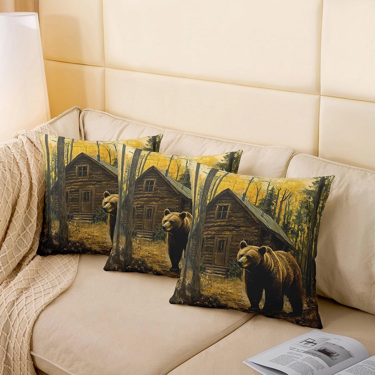 3D Brown Bear Pillow Cover 24x24 Inch Jungle Cabin Wooden Farmhouse Cushion Cover for Kids Teens Adults Wild Animals Oil Painting Style Trees Cushion Case for Housewarming Sofa
