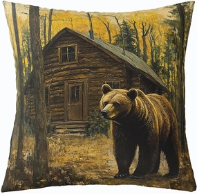 3D Brown Bear Pillow Cover 24x24 Inch Jungle Cabin Wooden Farmhouse Cushion Cover for Kids Teens Adults Wild Animals Oil Painting Style Trees Cushion Case for Housewarming Sofa
