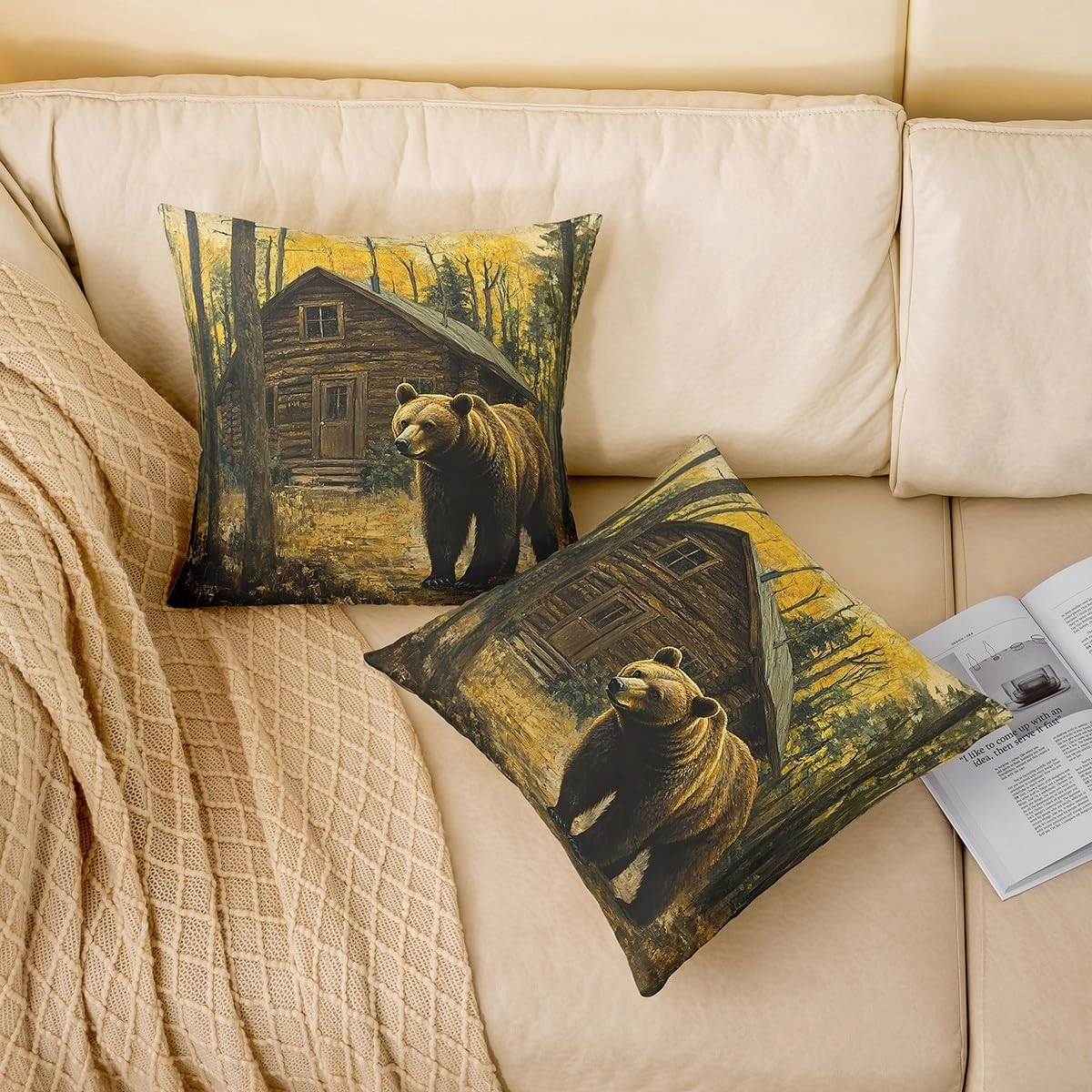 3D Brown Bear Pillow Cover 24x24 Inch Jungle Cabin Wooden Farmhouse Cushion Cover for Kids Teens Adults Wild Animals Oil Painting Style Trees Cushion Case for Housewarming Sofa