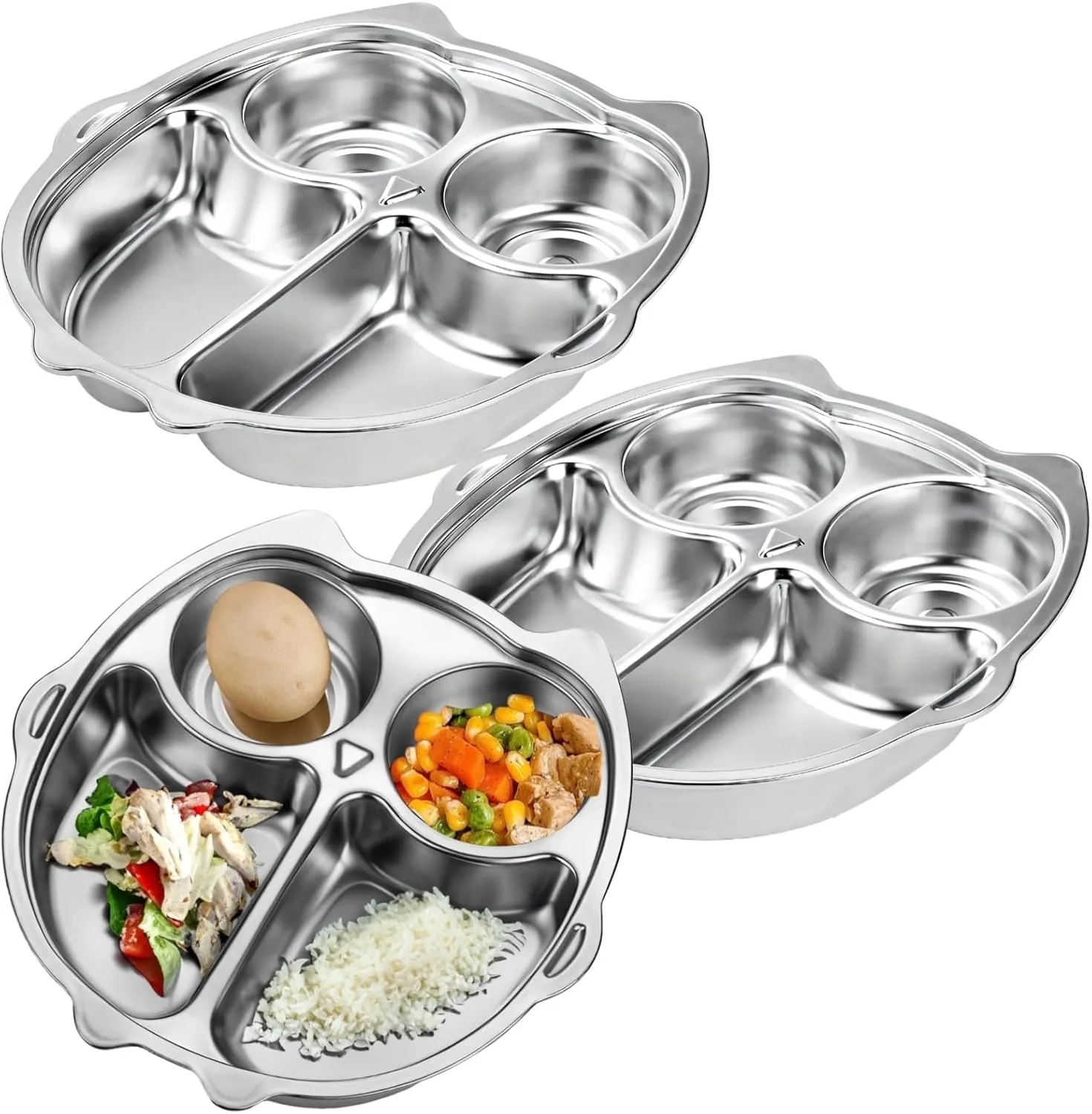 3PCS Stainless Steel Divided Plates,9 Inch 4 Sections Owl Shape 304 Metal Dinner Plates For Adult,Diet Food Portion Control Plate,Camping Dishes Lunch Snack Tray Serving Platter