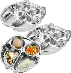 3PCS Stainless Steel Divided Plates,9 Inch 4 Sections Owl Shape 304 Metal Dinner Plates For Adult,Diet Food Portion Control Plate,Camping Dishes Lunch Snack Tray Serving Platter