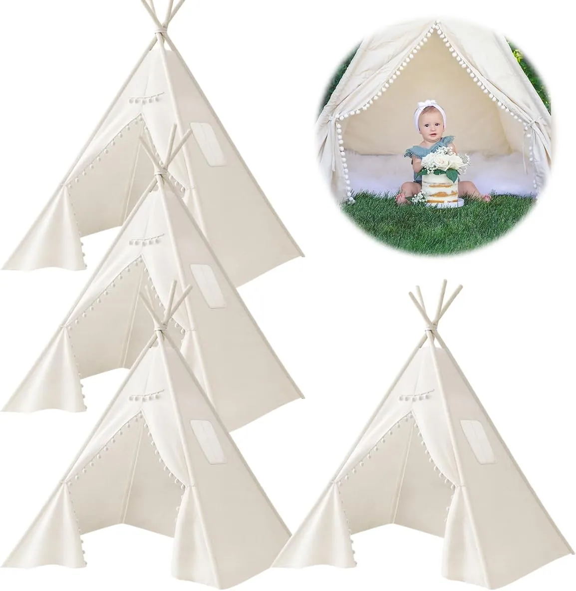 4 PCS Teepee Tent for Kids,Washable Tapered Kids Teepee Tent,Bohemian White Collapsible Sleepover Tents,for Boys and Girls Sleepover Pajamas Party Birthday SPA