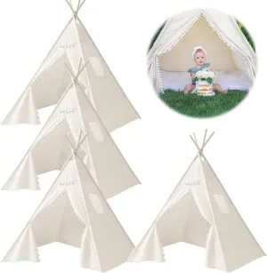 4 PCS Teepee Tent for Kids,Washable Tapered Kids Teepee Tent,Bohemian White Collapsible Sleepover Tents,for Boys and Girls Sleepover Pajamas Party Birthday SPA