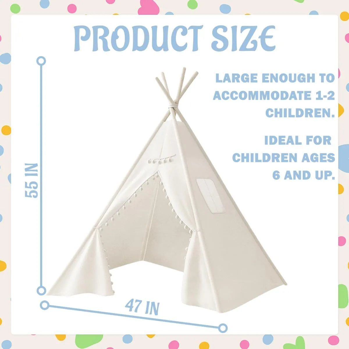 4 PCS Teepee Tent for Kids,Washable Tapered Kids Teepee Tent,Bohemian White Collapsible Sleepover Tents,for Boys and Girls Sleepover Pajamas Party Birthday SPA