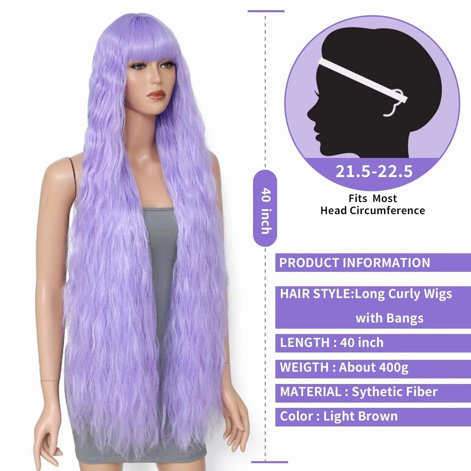 40 Inch Long Wavy Wig with Bangs for Women Cosplay Wig Long Wavy Bounce Fluffy Natural Style Wigs for Halloween Party Daily Use(Purple)
