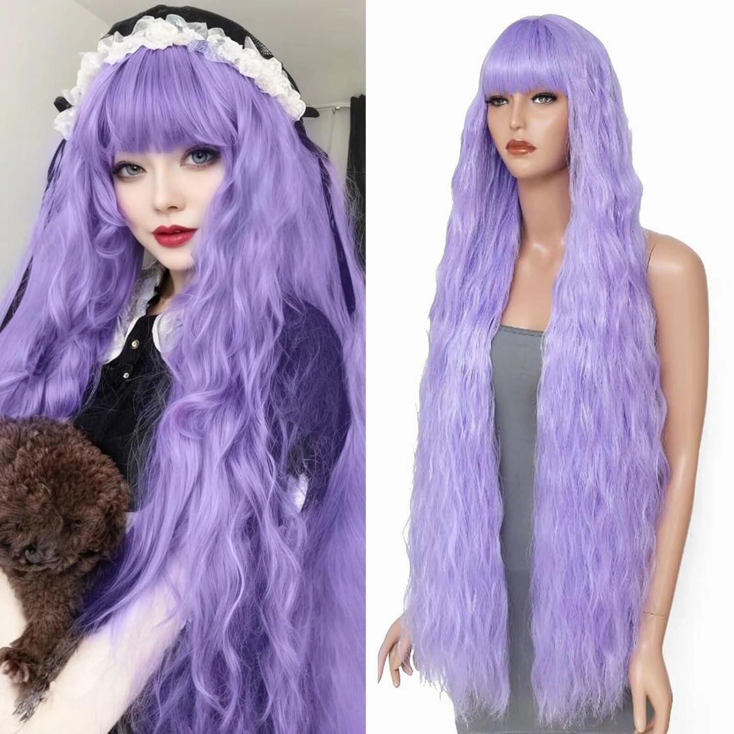 40 Inch Long Wavy Wig with Bangs for Women Cosplay Wig Long Wavy Bounce Fluffy Natural Style Wigs for Halloween Party Daily Use(Purple)