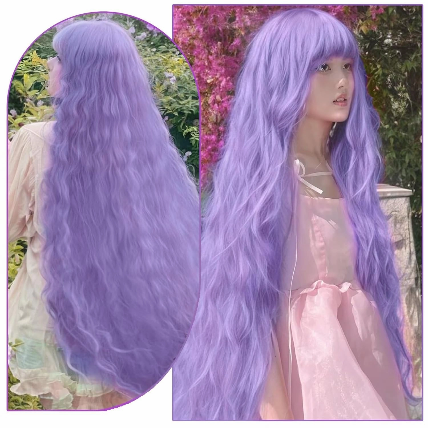 40 Inch Long Wavy Wig with Bangs for Women Cosplay Wig Long Wavy Bounce Fluffy Natural Style Wigs for Halloween Party Daily Use(Purple)