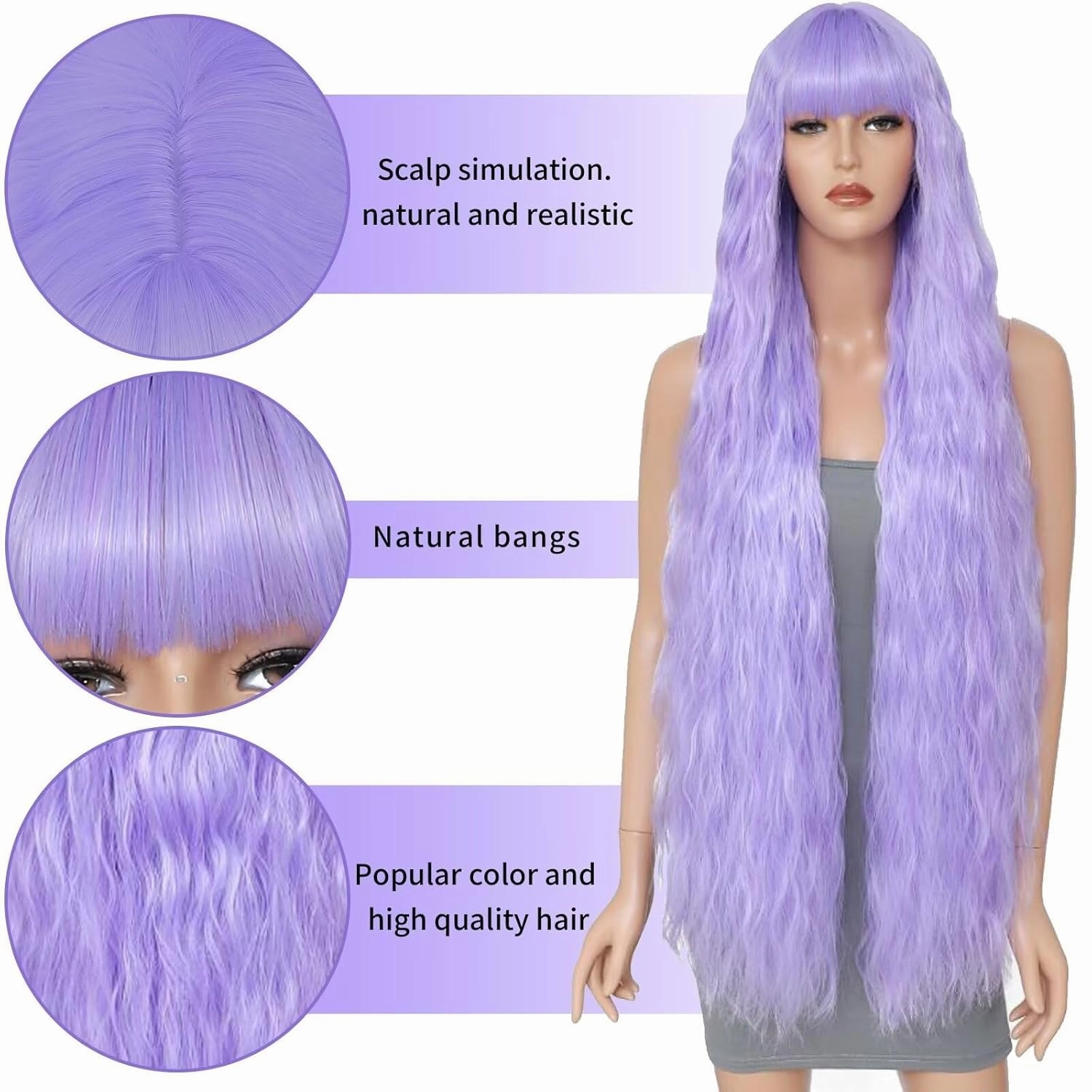 40 Inch Long Wavy Wig with Bangs for Women Cosplay Wig Long Wavy Bounce Fluffy Natural Style Wigs for Halloween Party Daily Use(Purple)