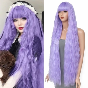 40 Inch Long Wavy Wig with Bangs for Women Cosplay Wig Long Wavy Bounce Fluffy Natural Style Wigs for Halloween Party Daily Use(Purple)
