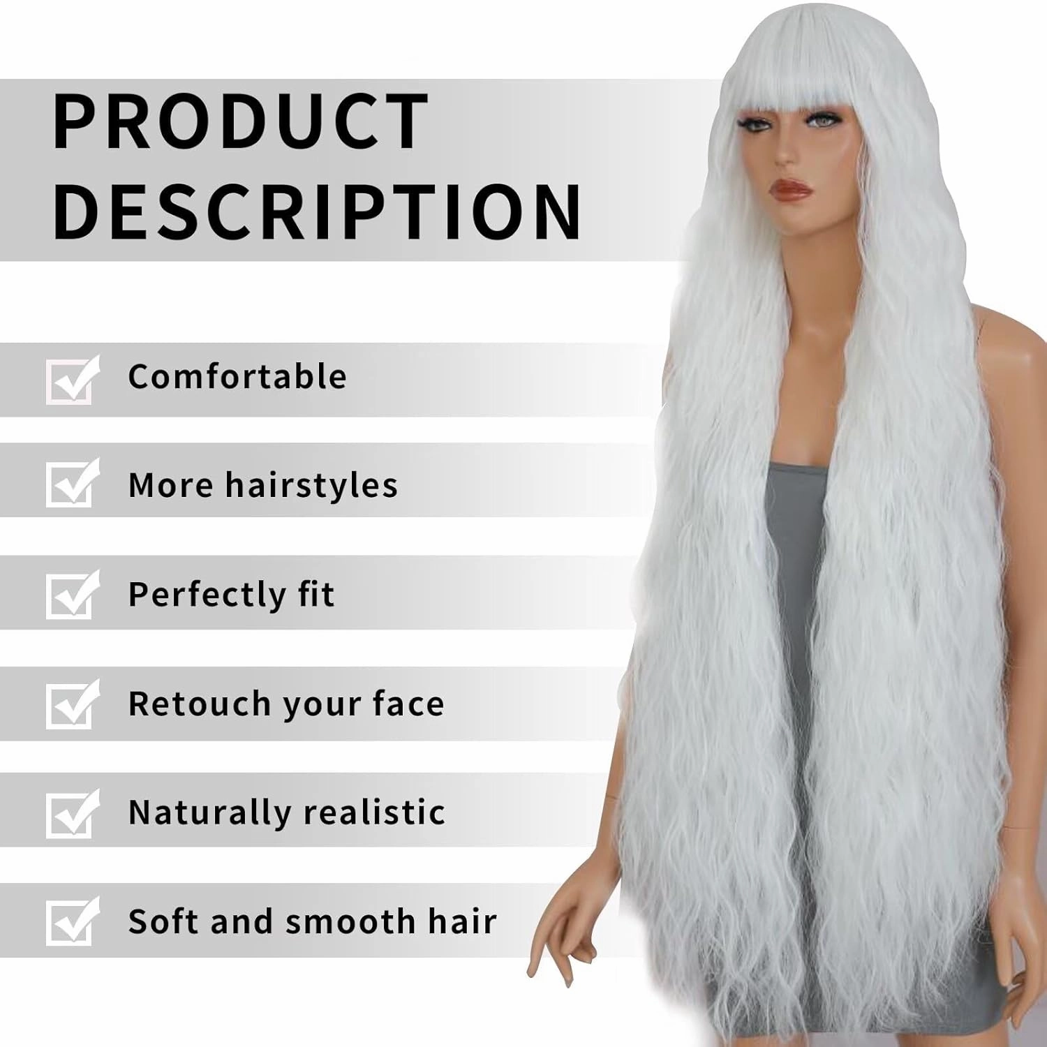 40 Inch Long Wavy Wig with Bangs for Women White Cosplay Wig Long Wavy Bounce Fluffy Natural Style Wigs for Halloween Party Daily Use(White)
