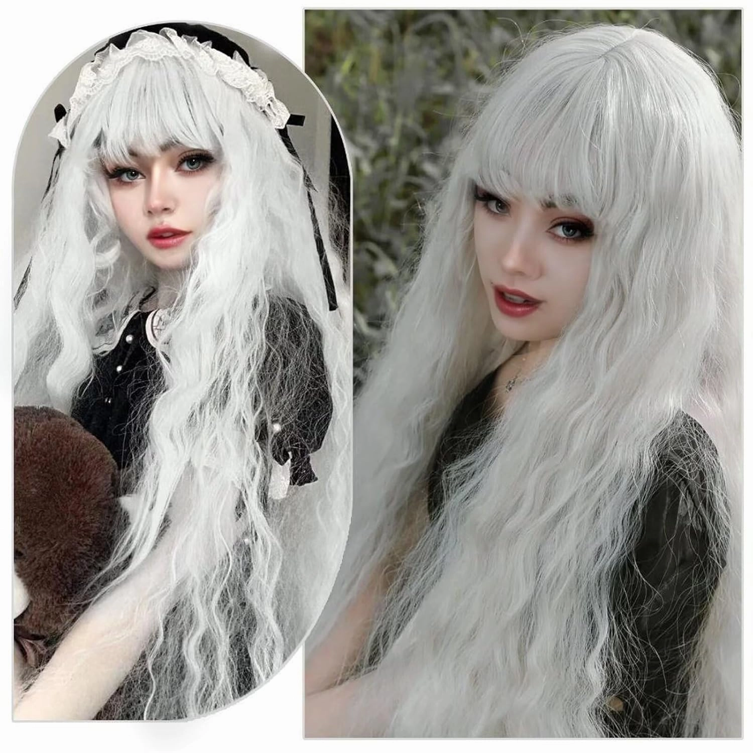40 Inch Long Wavy Wig with Bangs for Women White Cosplay Wig Long Wavy Bounce Fluffy Natural Style Wigs for Halloween Party Daily Use(White)