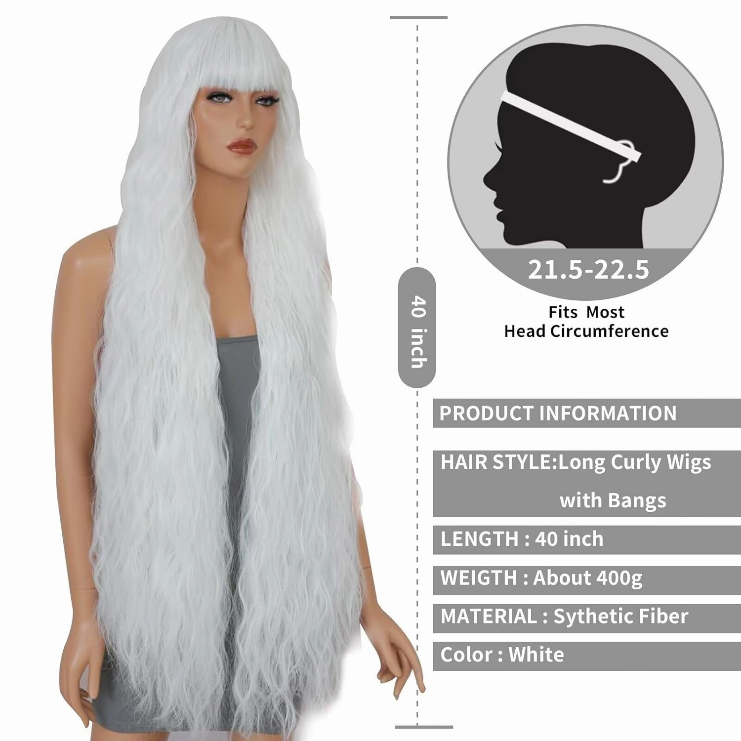 40 Inch Long Wavy Wig with Bangs for Women White Cosplay Wig Long Wavy Bounce Fluffy Natural Style Wigs for Halloween Party Daily Use(White)