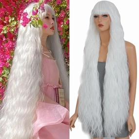40 Inch Long Wavy Wig with Bangs for Women White Cosplay Wig Long Wavy Bounce Fluffy Natural Style Wigs for Halloween Party Daily Use(White)