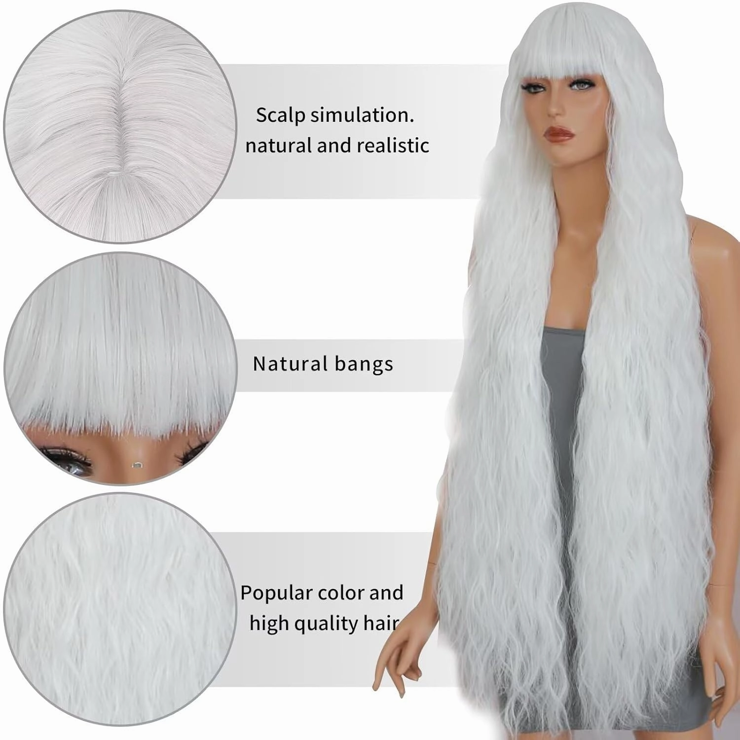 40 Inch Long Wavy Wig with Bangs for Women White Cosplay Wig Long Wavy Bounce Fluffy Natural Style Wigs for Halloween Party Daily Use(White)