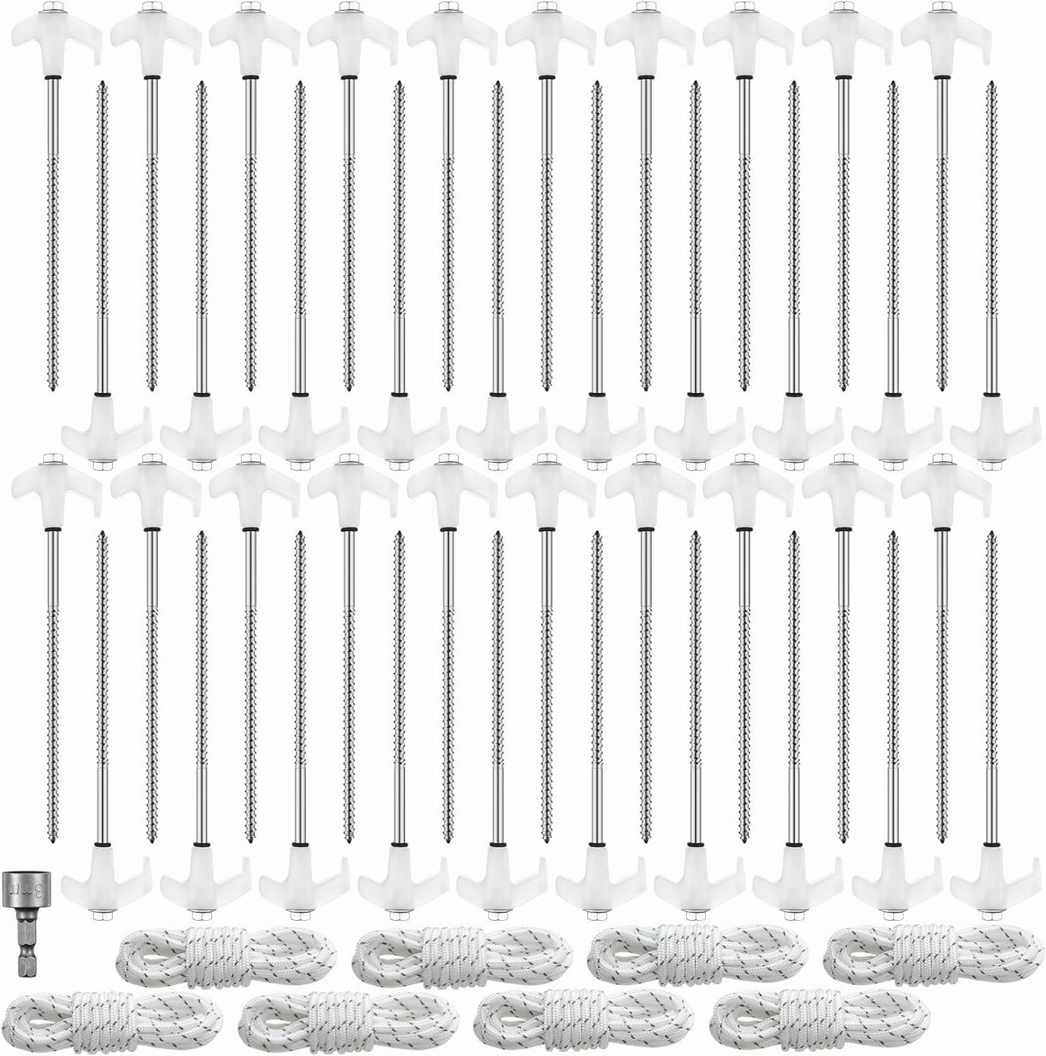 40 Pcs Tent Stakes Camping Stakes Heavy Duty 8 Inch Ground Anchors Screw in Tent Pegs Metal Stakes with 4x10ft Ropes Inflatable Spikes for Hiking Camping Garden Accessories (Luminous White)