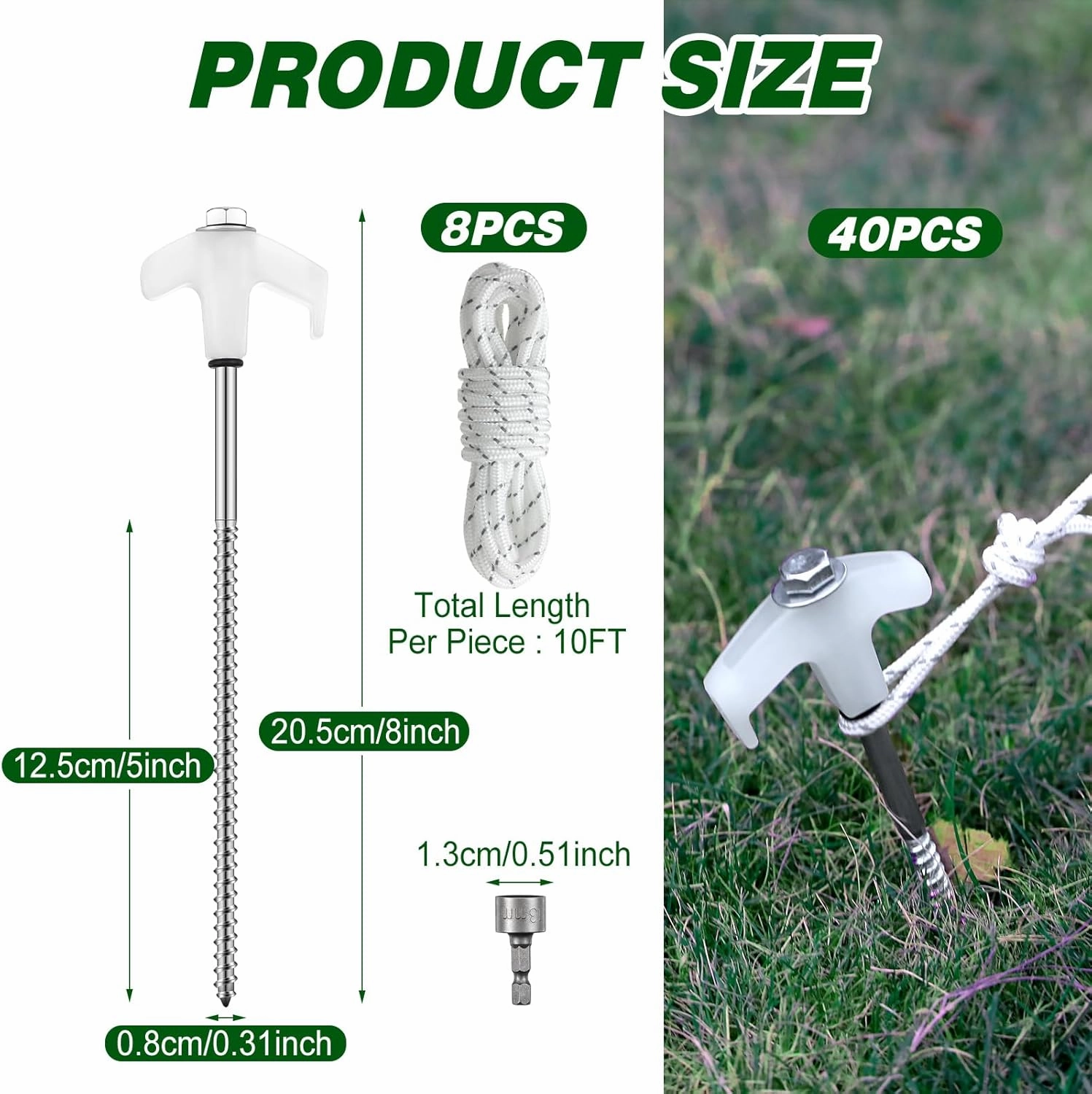 40 Pcs Tent Stakes Camping Stakes Heavy Duty 8 Inch Ground Anchors Screw in Tent Pegs Metal Stakes with 4x10ft Ropes Inflatable Spikes for Hiking Camping Garden Accessories (Luminous White)