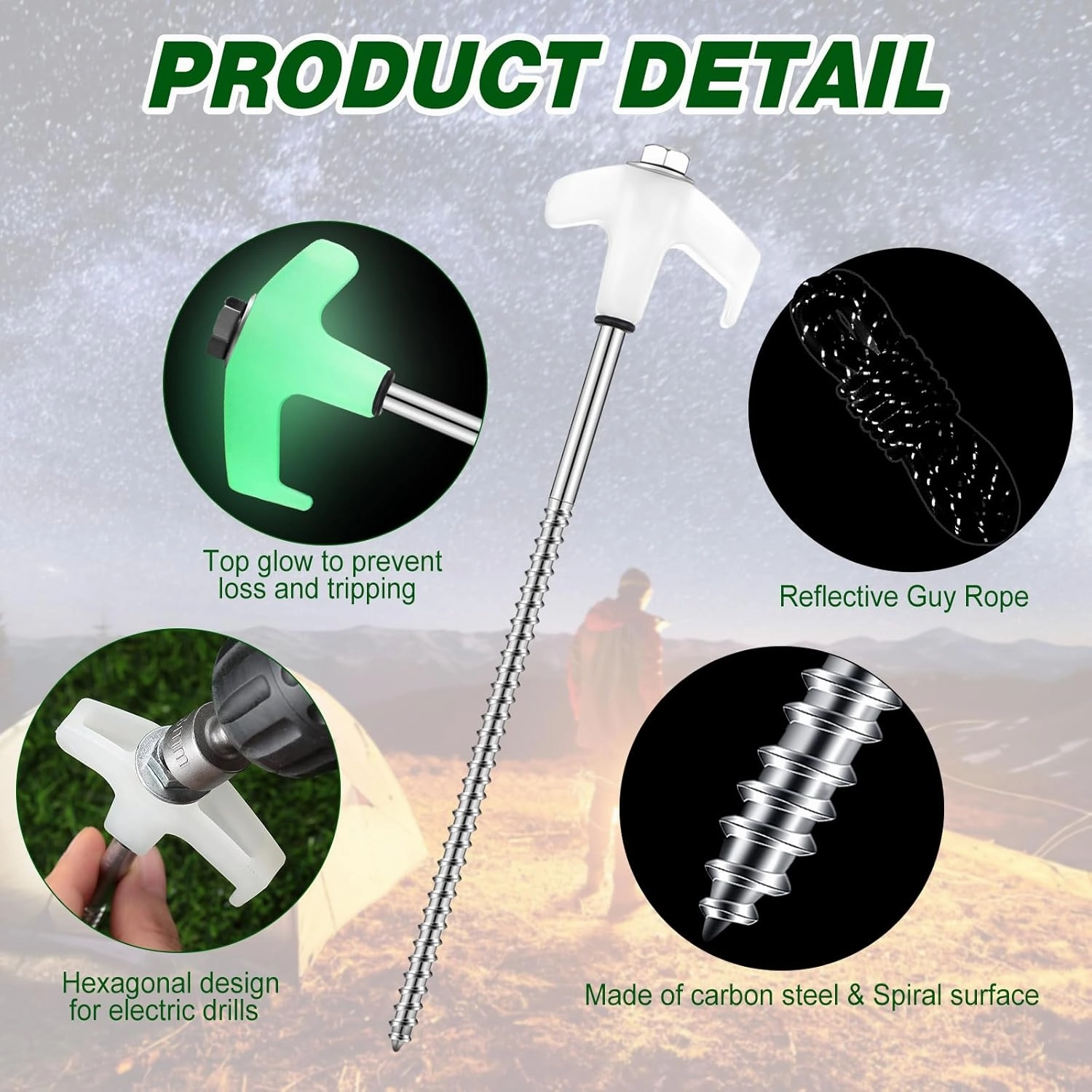 40 Pcs Tent Stakes Camping Stakes Heavy Duty 8 Inch Ground Anchors Screw in Tent Pegs Metal Stakes with 4x10ft Ropes Inflatable Spikes for Hiking Camping Garden Accessories (Luminous White)