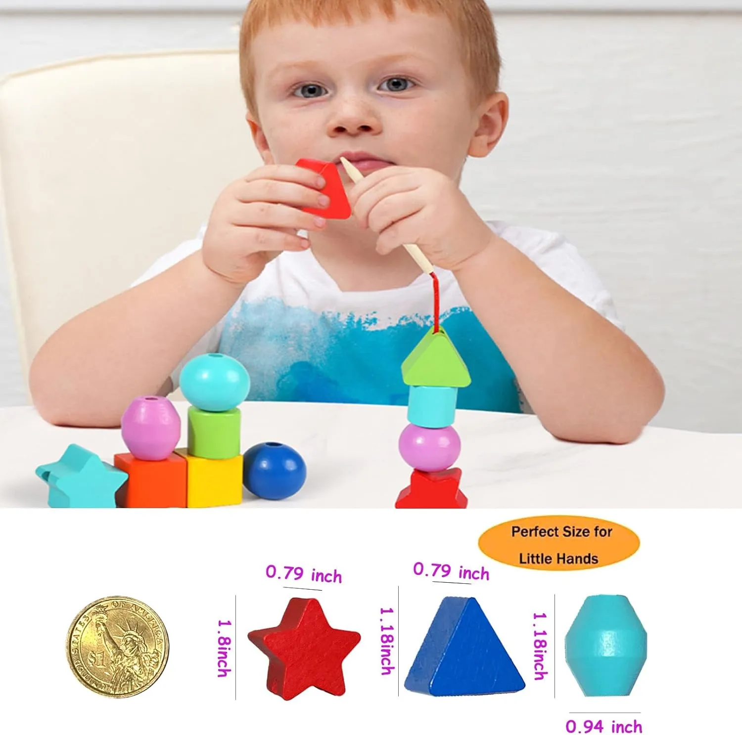 46PCS Montessori Lacing Toddler Beads Threading Toys for Toddlers Wooden Primary String Sewing Preschool Fine Motor Skills Educational Toy for 3 4 5 6Years Old Boys Girls