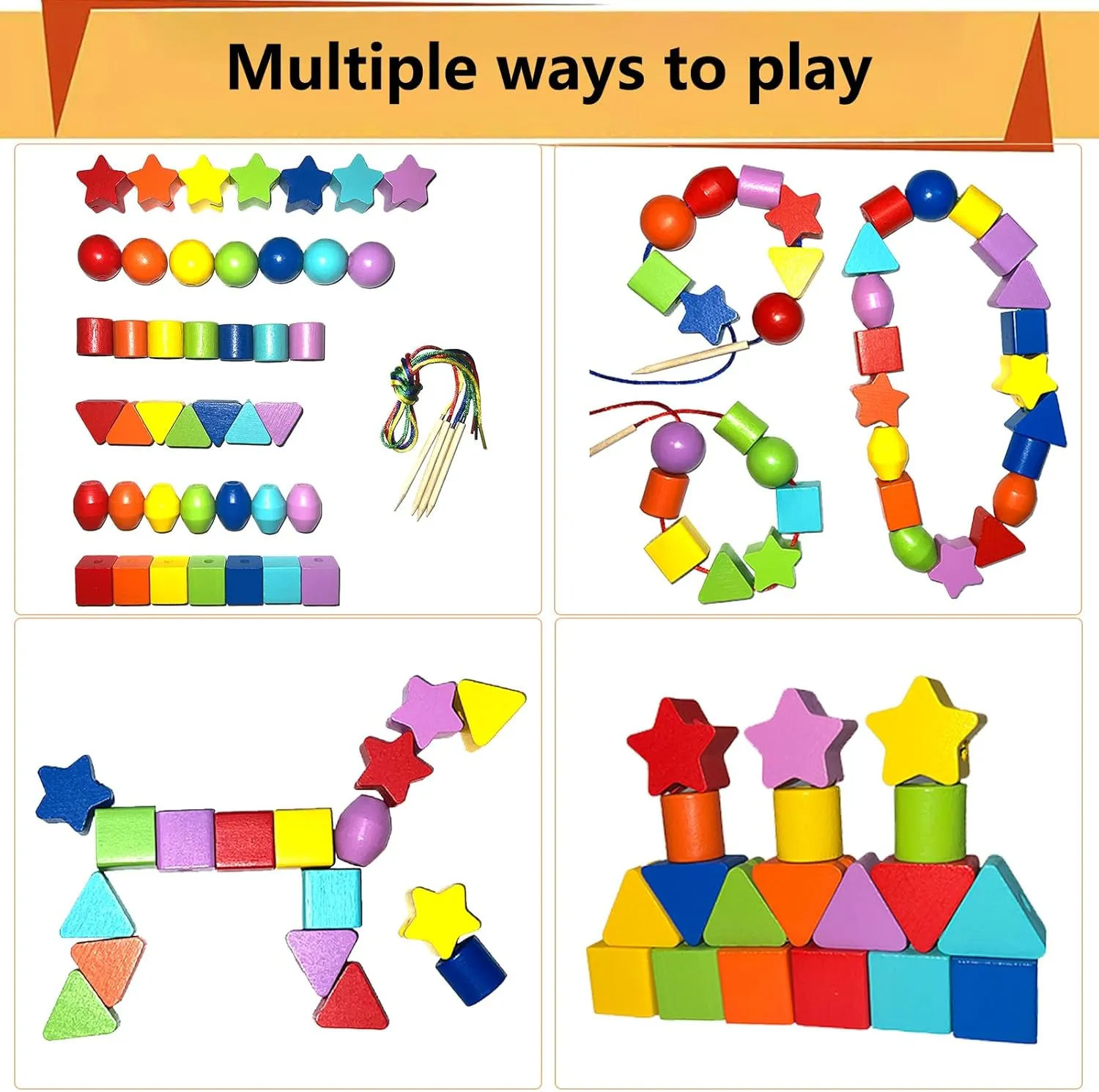 46PCS Montessori Lacing Toddler Beads Threading Toys for Toddlers Wooden Primary String Sewing Preschool Fine Motor Skills Educational Toy for 3 4 5 6Years Old Boys Girls