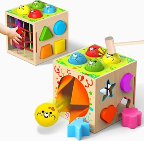 4-in-1 Montessori Toys for 1  Year Old - Shape Sorting Activity Cube, Hammer Pounding Game, Baby Blocks & Sensory Toys for Toddlers 1-3, Wooden Toy Gift for 1 Year Old Boys and Girls