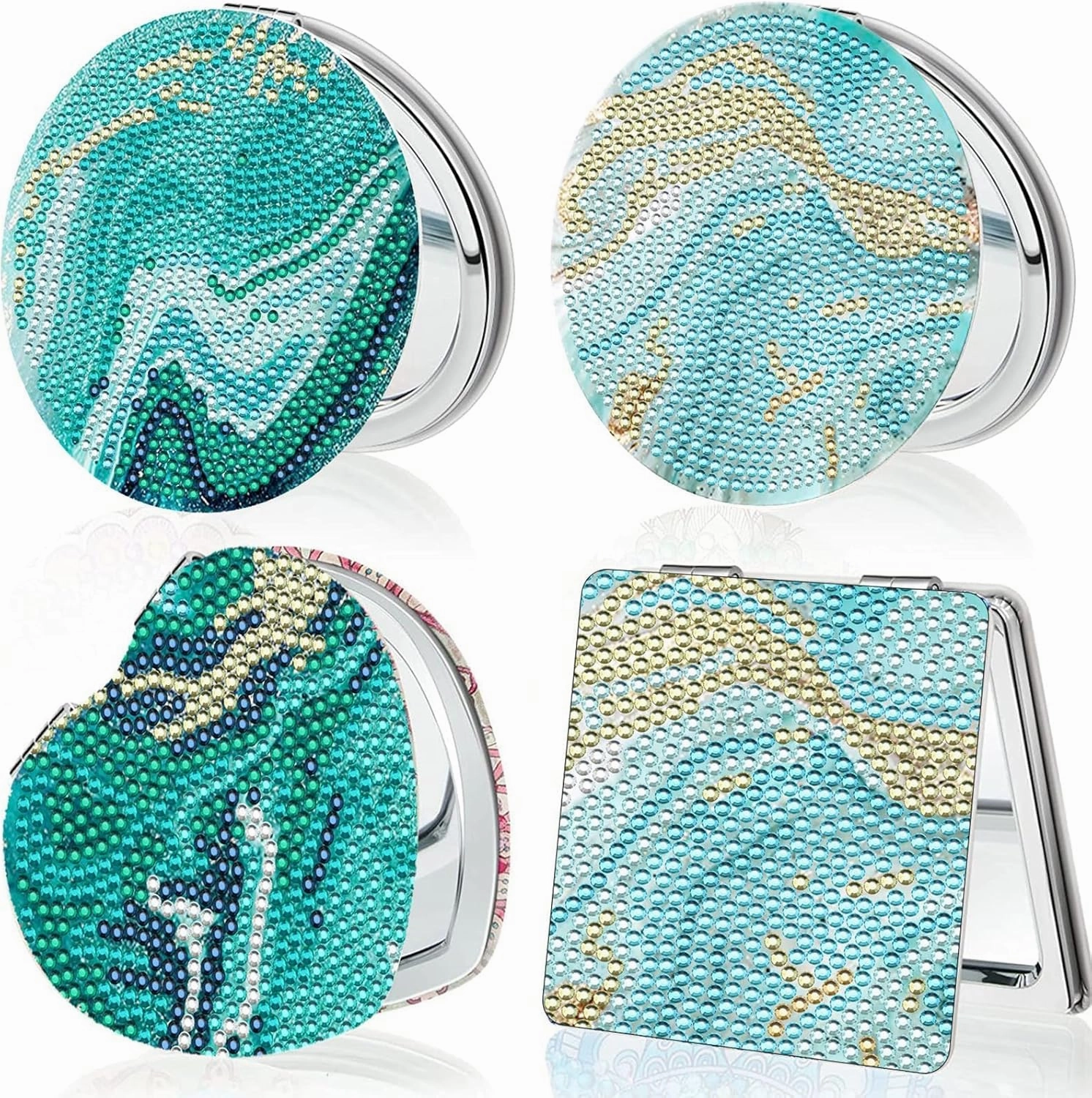 4 Pcs Diamond Painting Compact Mirror, Ocean Diamond Art Mirror Kits DIY Pocket Mirror, Unbreakable Portable Magnifying Folding Purse Mirror Makeup Mirror for Beginner Women