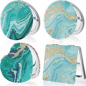 4 Pcs Diamond Painting Compact Mirror, Ocean Diamond Art Mirror Kits DIY Pocket Mirror, Unbreakable Portable Magnifying Folding Purse Mirror Makeup Mirror for Beginner Women