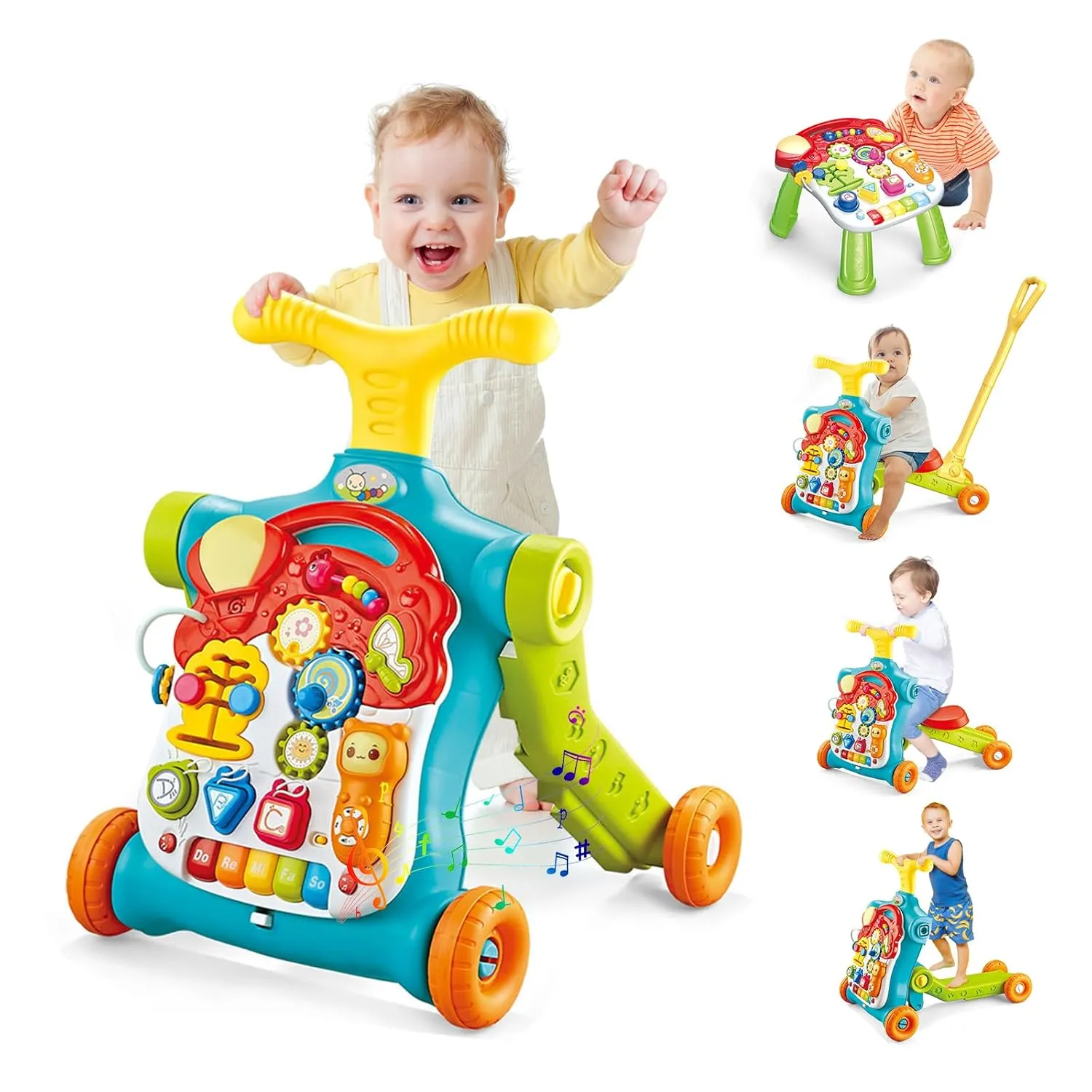 5 in 1 Baby Walker Sit-Stand Toy, Multifunctional Educational Baby Walker, Removable Play Panel with Music, Baby Push Walker Toy Gift, Green