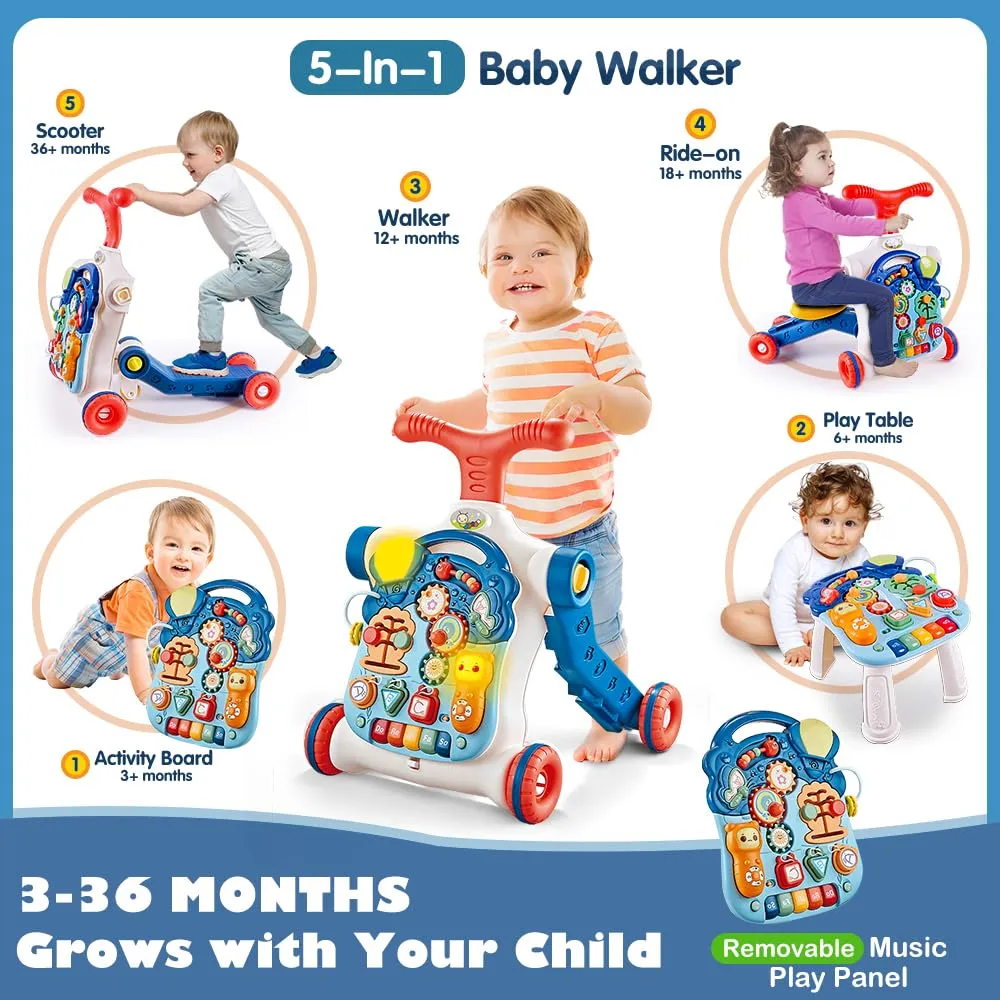 5 in 1 Baby Walker Sit-to-Stand Toys, Learning Walker for Boys Girls Toddler, Multifunctional Educational Activity Center Removable Play Panel, Push Walker Toys Gifts for Infant 6-18 Months