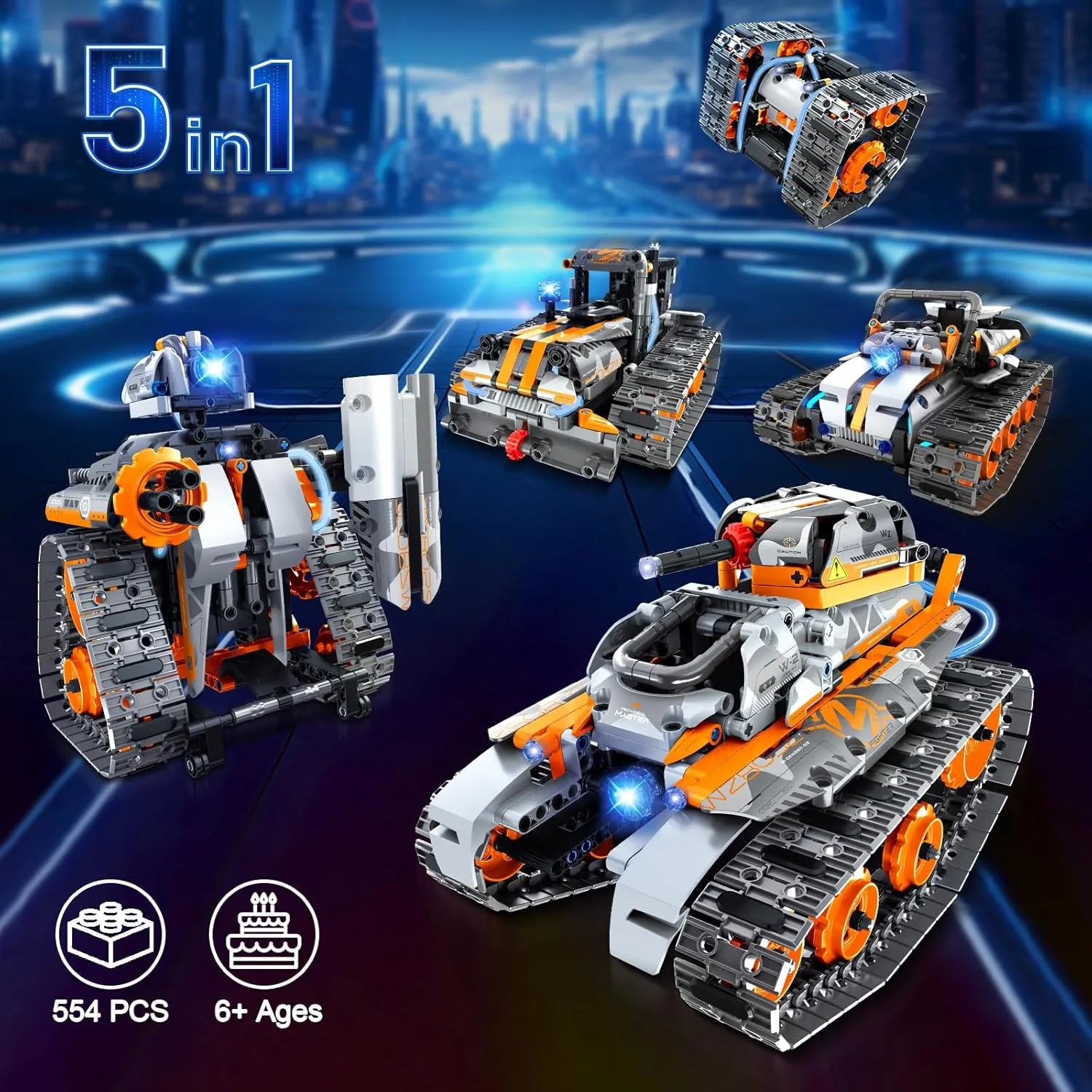 5 in 1 STEM Building Set with LED Light, APP & Remote Controlled Cars Building Toys Kit, RC Robot Tank Sleigh Tracked Racer 554 PCS, Toy Gifts for Kids Boys Girls Ages 6 7 8 9 10 11 12  Year