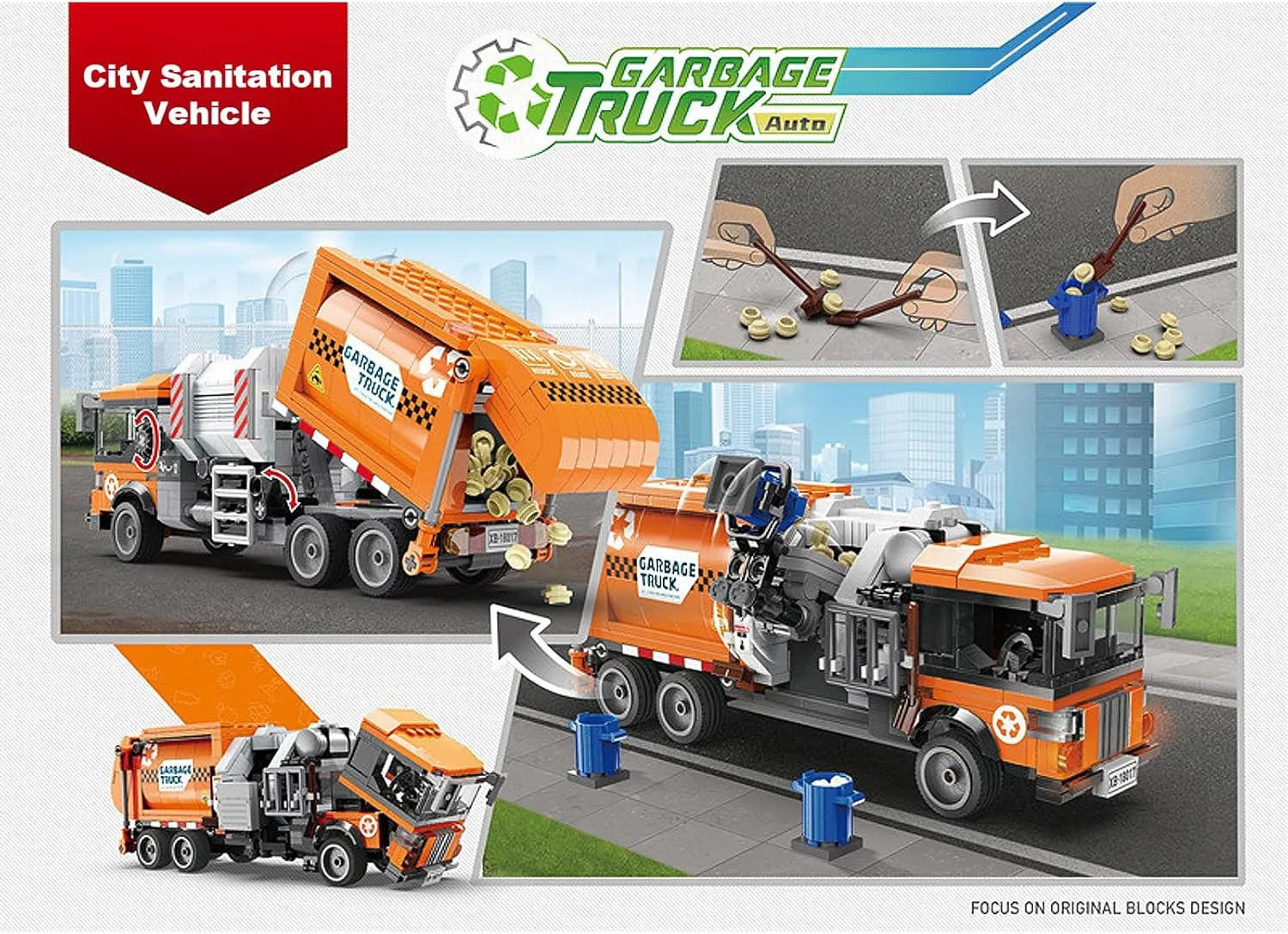550-Piece Recycling Trash Truck Toy Building Set,with Cleaning Tools and Sanitation Worker Dolls,Assembleable Children's Garbage,Compatible with Mainstream Blocks. (Garbage Truck Orange)