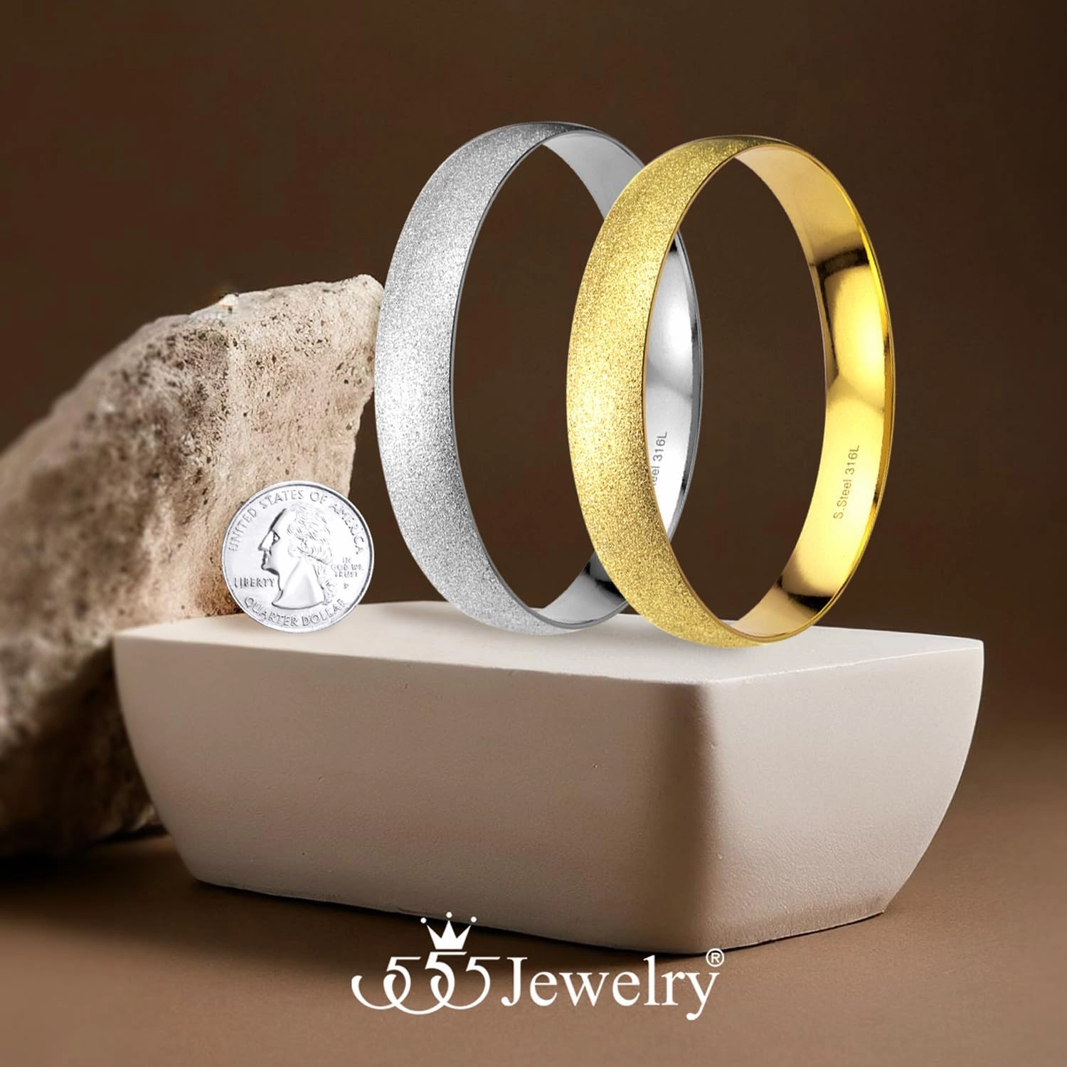 555Jewelry 12mm Wide Stainless Steel Solid Slip On Bangle Bracelet for Women With Small Wrist