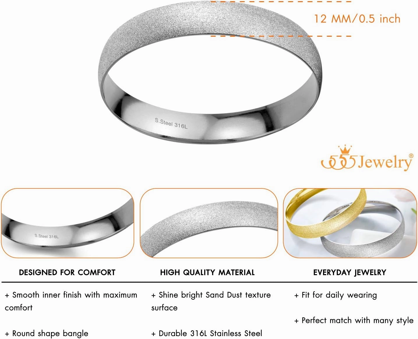 555Jewelry 12mm Wide Stainless Steel Solid Slip On Bangle Bracelet for Women With Small Wrist