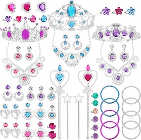 56 Pack Princess Jewelry for Girls Princess Dress Up Accessories Kids Play Jewelry for Girls Included Crown Wand Necklace Bracelet Rings Earrings Great as Princess Party Decoration
