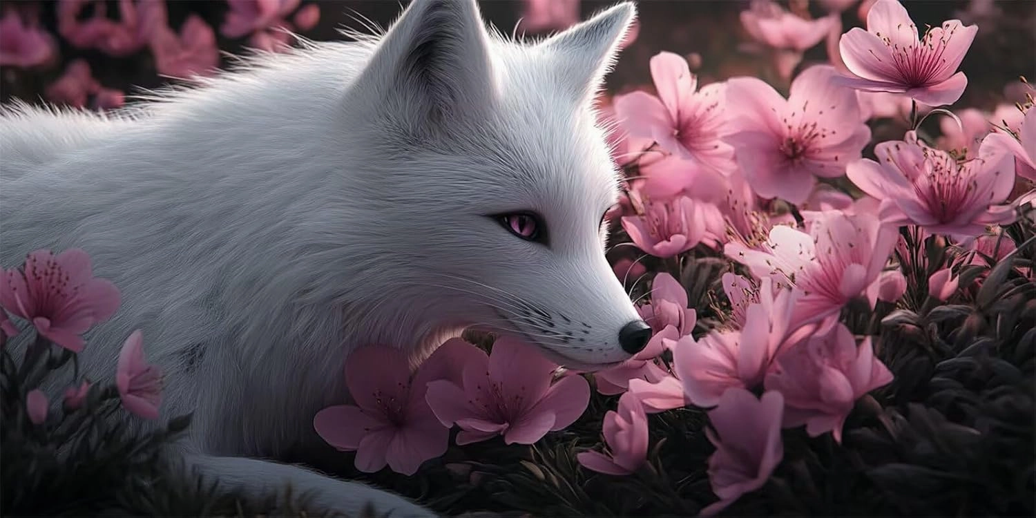 5D Diamond Painting Kits for Adults Beginners, arctic Fox Diamond Art Pink Flower Pattern Design, Round Dimond Art Craft Kits, Crystal Art Painting for Home Decor, Gifts for Women, 50x100cm Z-8334