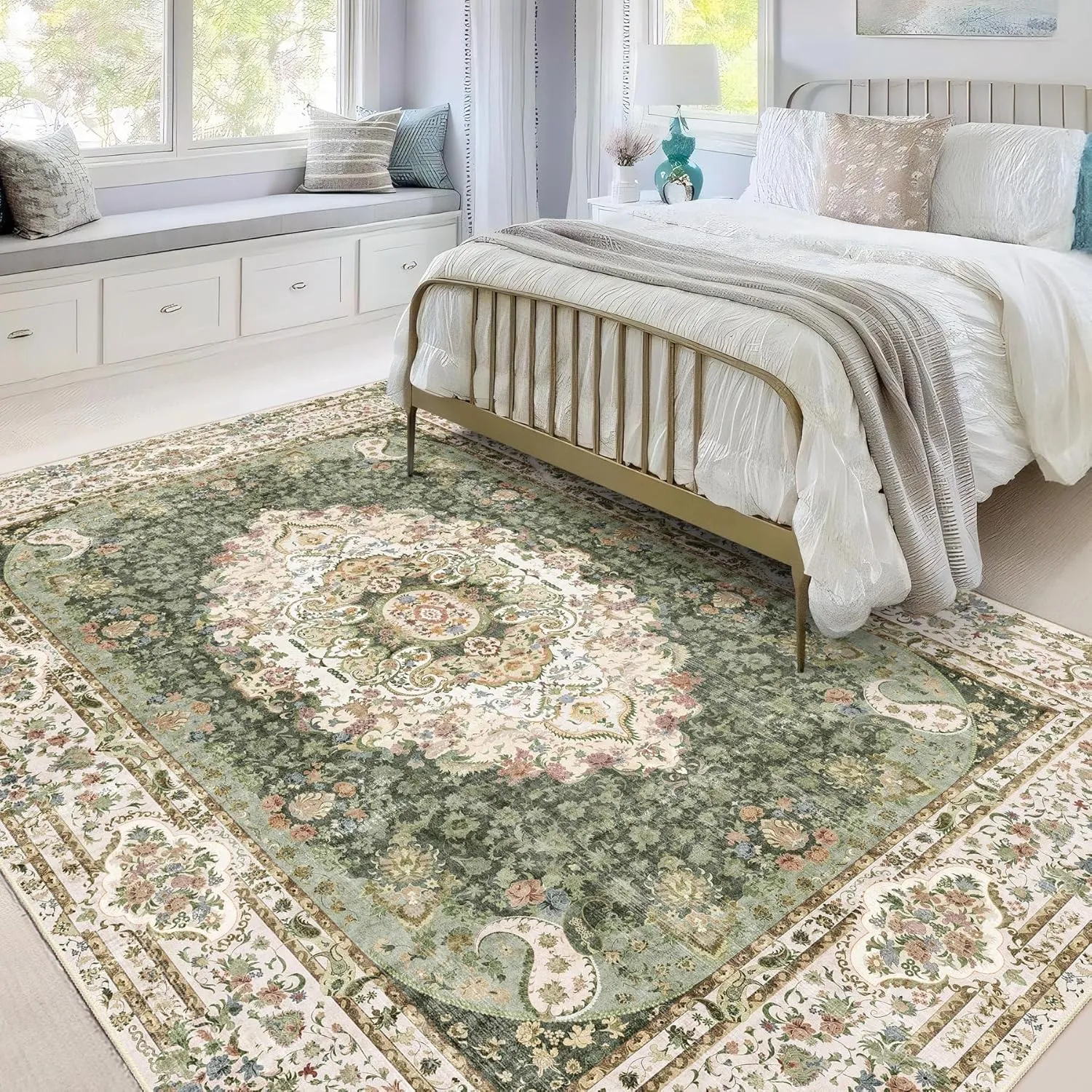 5x7 Area Rugs Washable,Green Rug for Living Room Bedroom Kitchen,Large Boho Vintage Bohemian Distressed Carpet Non Slip,Floral