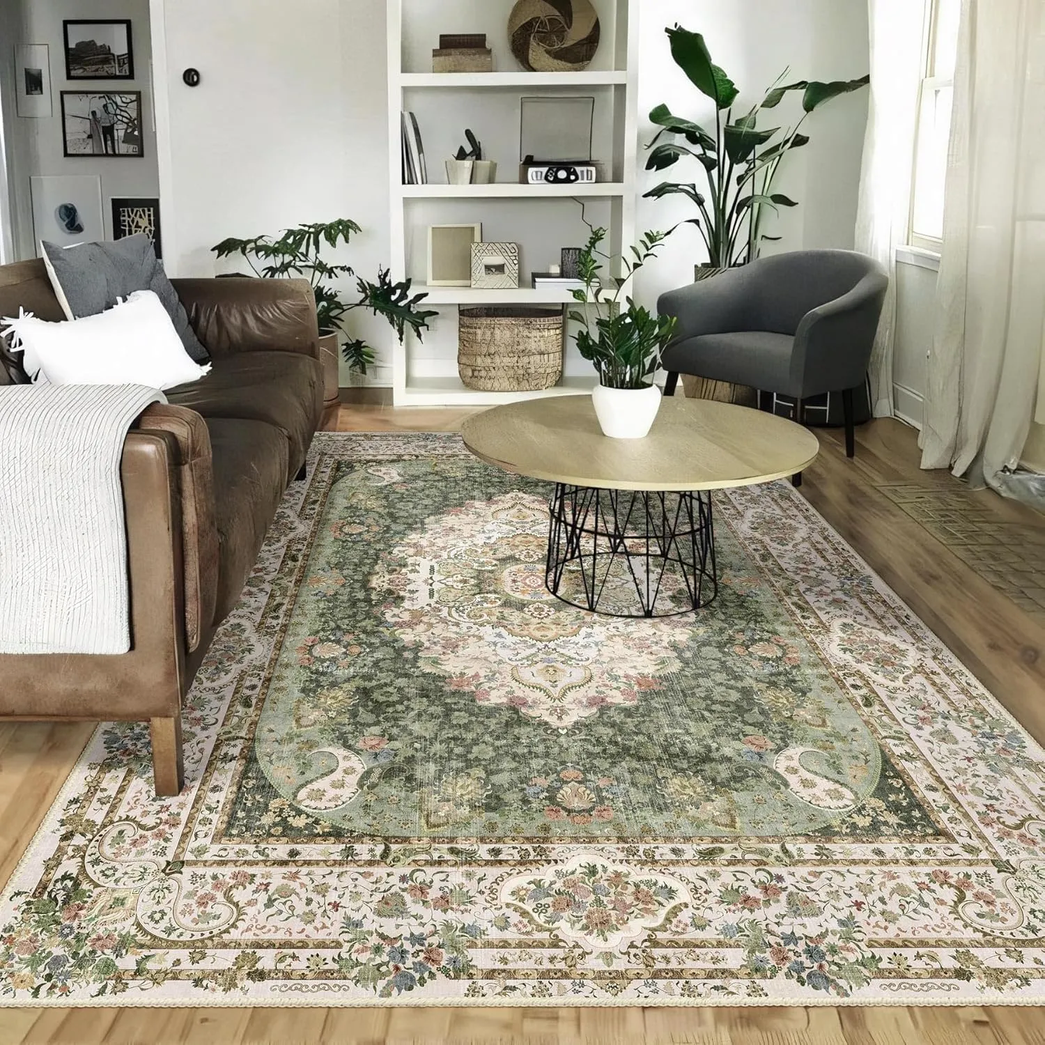 5x7 Area Rugs Washable,Green Rug for Living Room Bedroom Kitchen,Large Boho Vintage Bohemian Distressed Carpet Non Slip,Floral