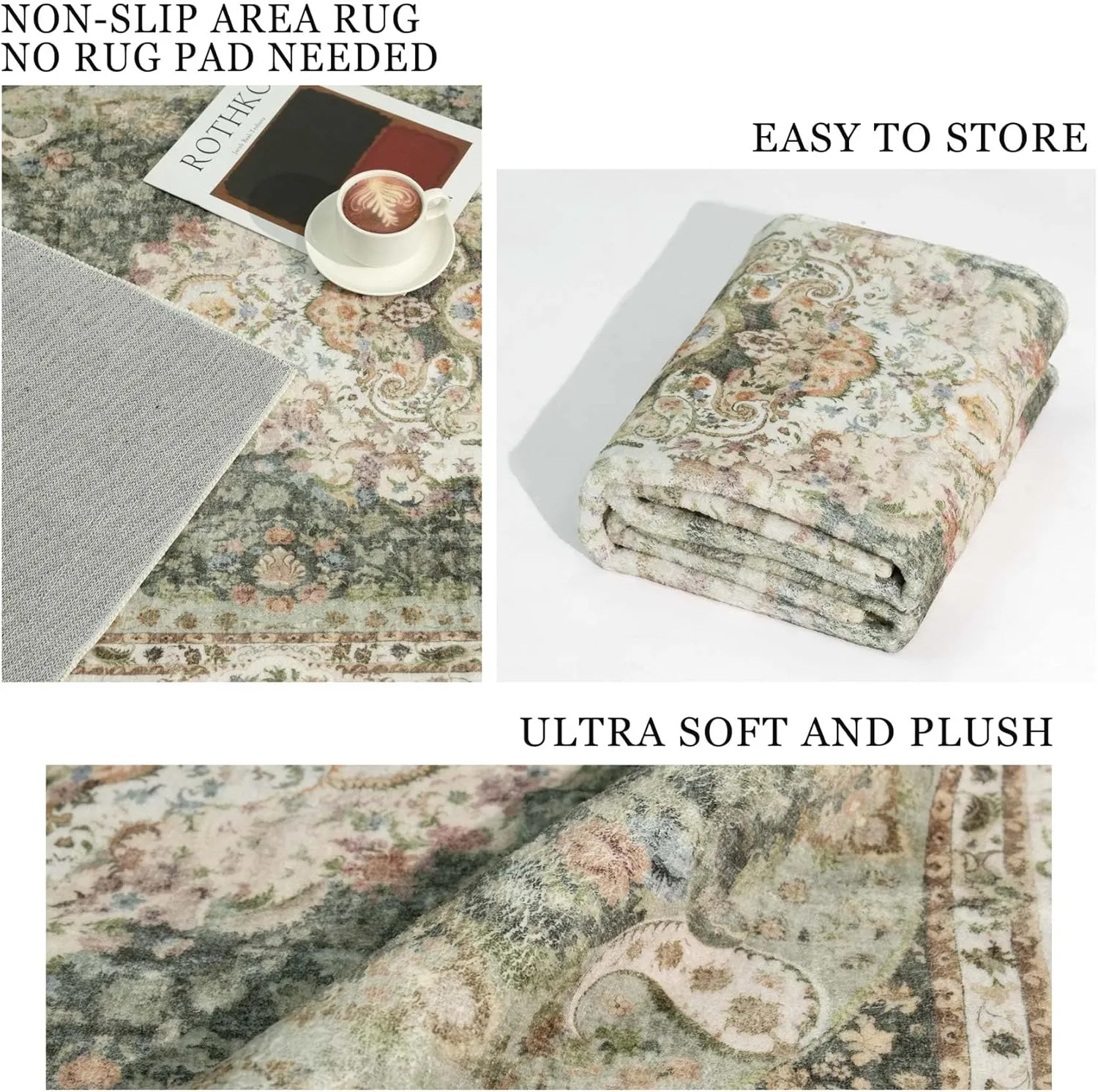 5x7 Area Rugs Washable,Green Rug for Living Room Bedroom Kitchen,Large Boho Vintage Bohemian Distressed Carpet Non Slip,Floral