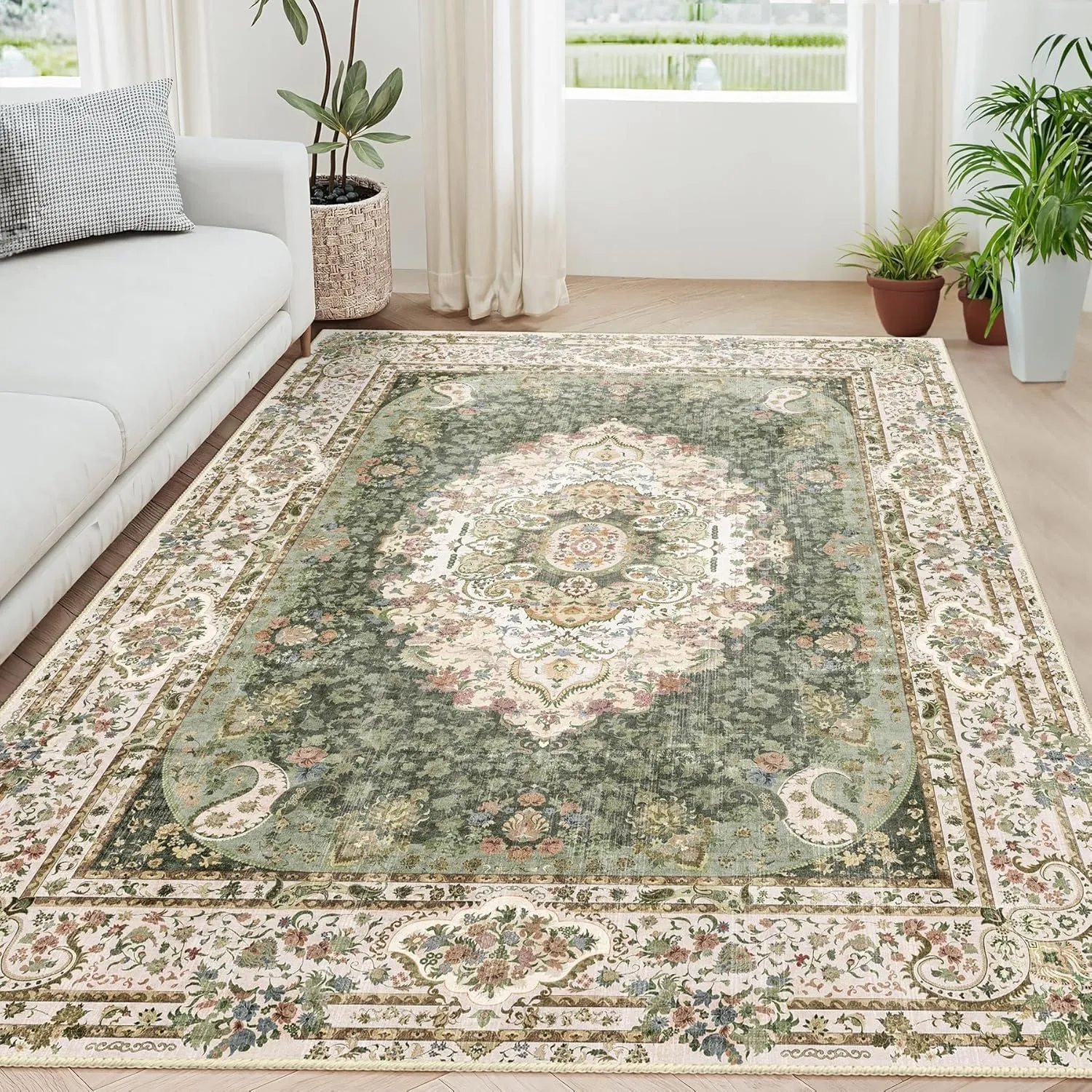 5x7 Area Rugs Washable,Green Rug for Living Room Bedroom Kitchen,Large Boho Vintage Bohemian Distressed Carpet Non Slip,Floral