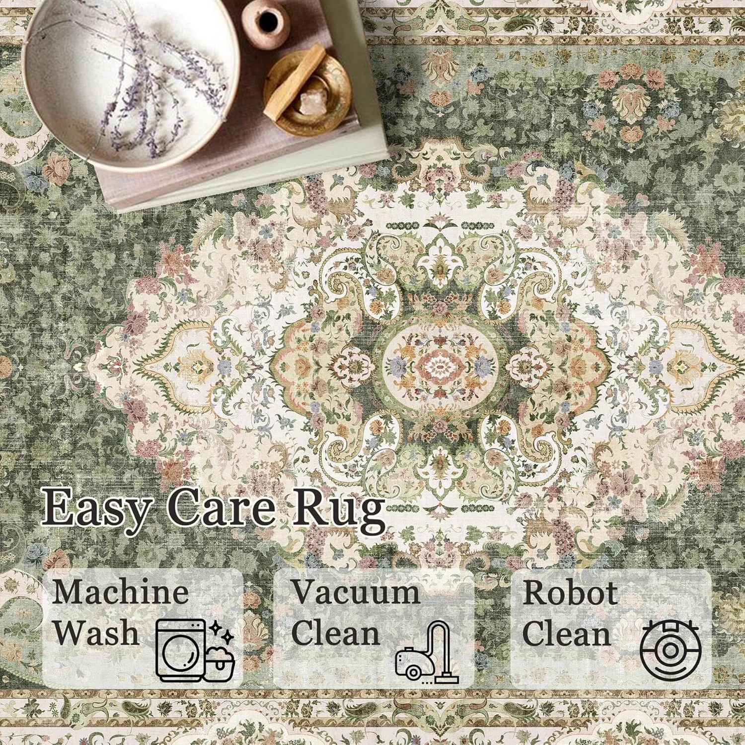 5x7 Area Rugs Washable,Green Rug for Living Room Bedroom Kitchen,Large Boho Vintage Bohemian Distressed Carpet Non Slip,Floral