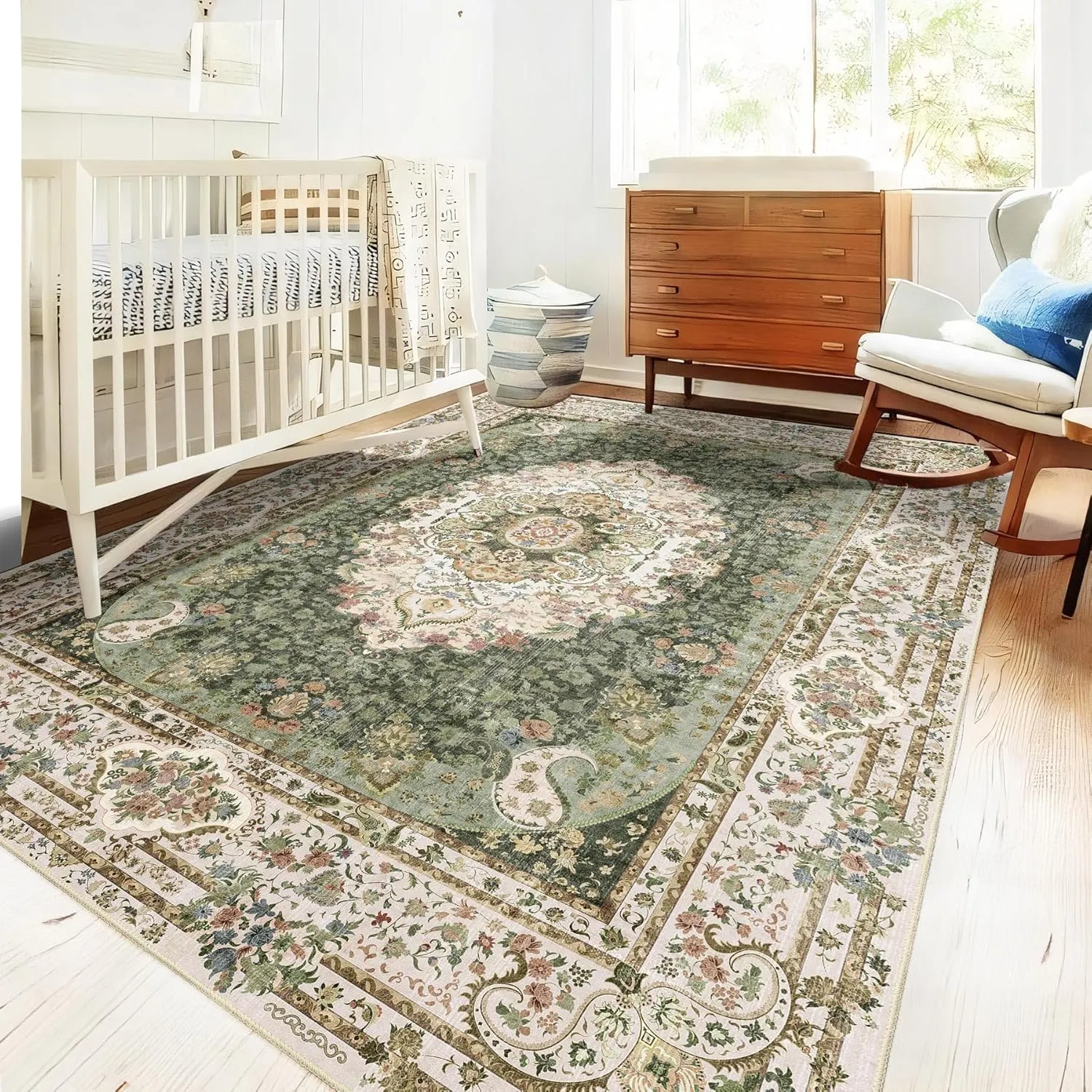 5x7 Area Rugs Washable,Green Rug for Living Room Bedroom Kitchen,Large Boho Vintage Bohemian Distressed Carpet Non Slip,Floral