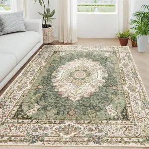 5x7 Area Rugs Washable,Green Rug for Living Room Bedroom Kitchen,Large Boho Vintage Bohemian Distressed Carpet Non Slip,Floral