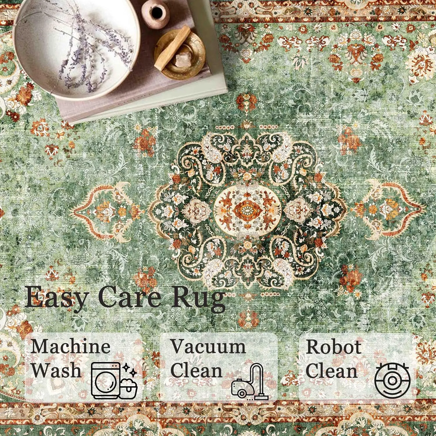 5x7 Area Rugs Washable,Green Rug for Living Room Bedroom Kitchen,Large Boho Vintage Bohemian Distressed Oriental Carpet Non Slip
