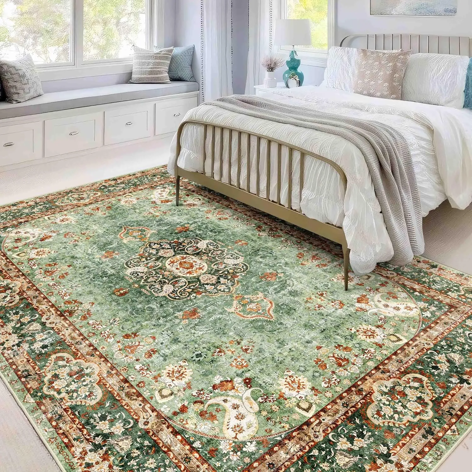 5x7 Area Rugs Washable,Green Rug for Living Room Bedroom Kitchen,Large Boho Vintage Bohemian Distressed Oriental Carpet Non Slip