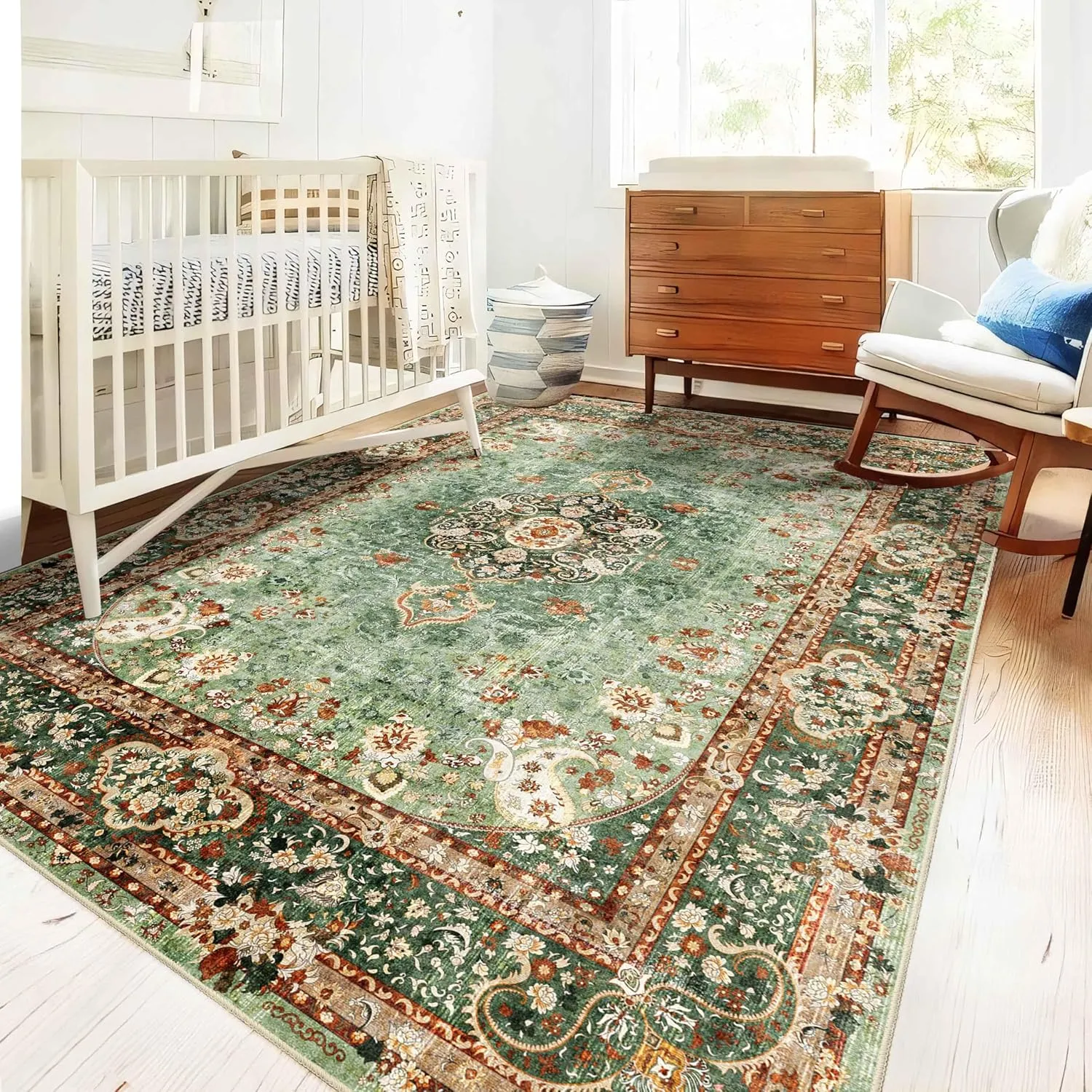 5x7 Area Rugs Washable,Green Rug for Living Room Bedroom Kitchen,Large Boho Vintage Bohemian Distressed Oriental Carpet Non Slip