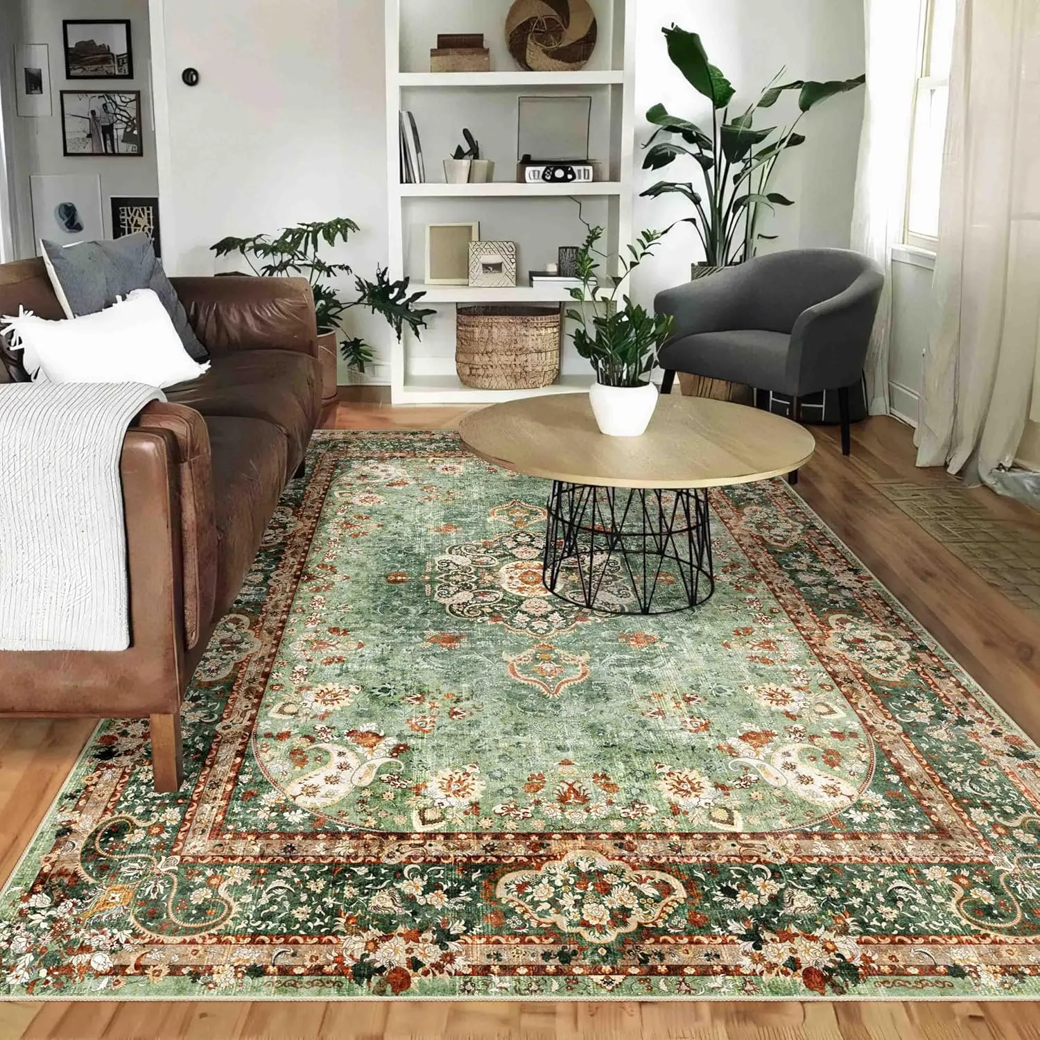 5x7 Area Rugs Washable,Green Rug for Living Room Bedroom Kitchen,Large Boho Vintage Bohemian Distressed Oriental Carpet Non Slip