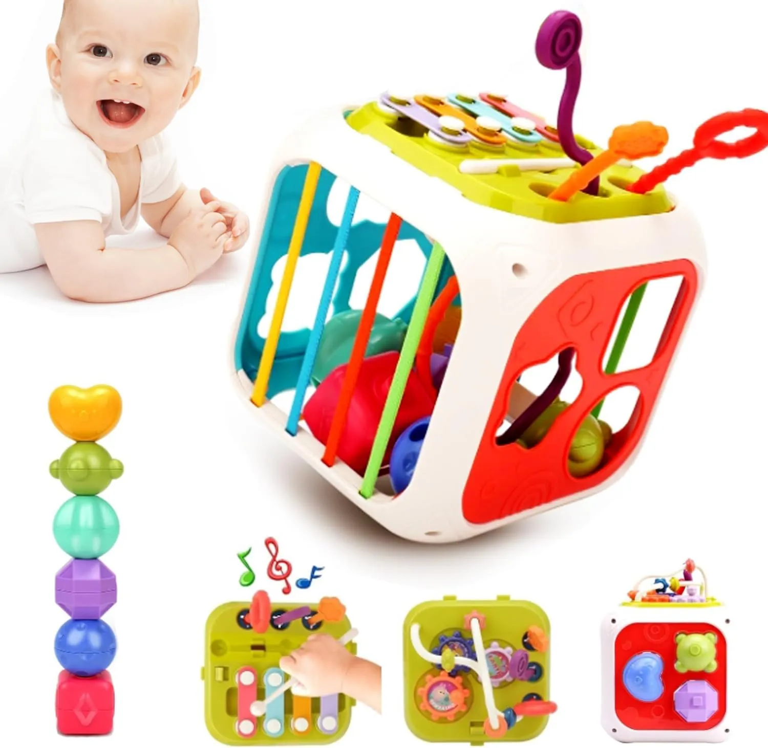 6 in One Activity Cube Toys for Baby 18M , Montessori Educational Learning Fine Motor Skills Toys Gifts for Toddlers Boys Girls Age 2 3 (White)