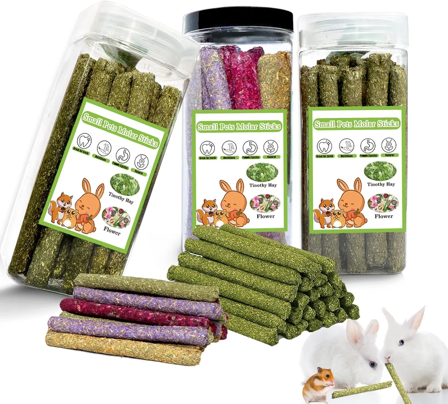 68PCS Rabbit Chew Toys, Natural Timothy Hay Sticks Guinea Pig Chews for Teeth Hamster Molar Treats Snacks Accessories for Bunny, Chinchillas, Rats, Gerbils and Other Small Animals
