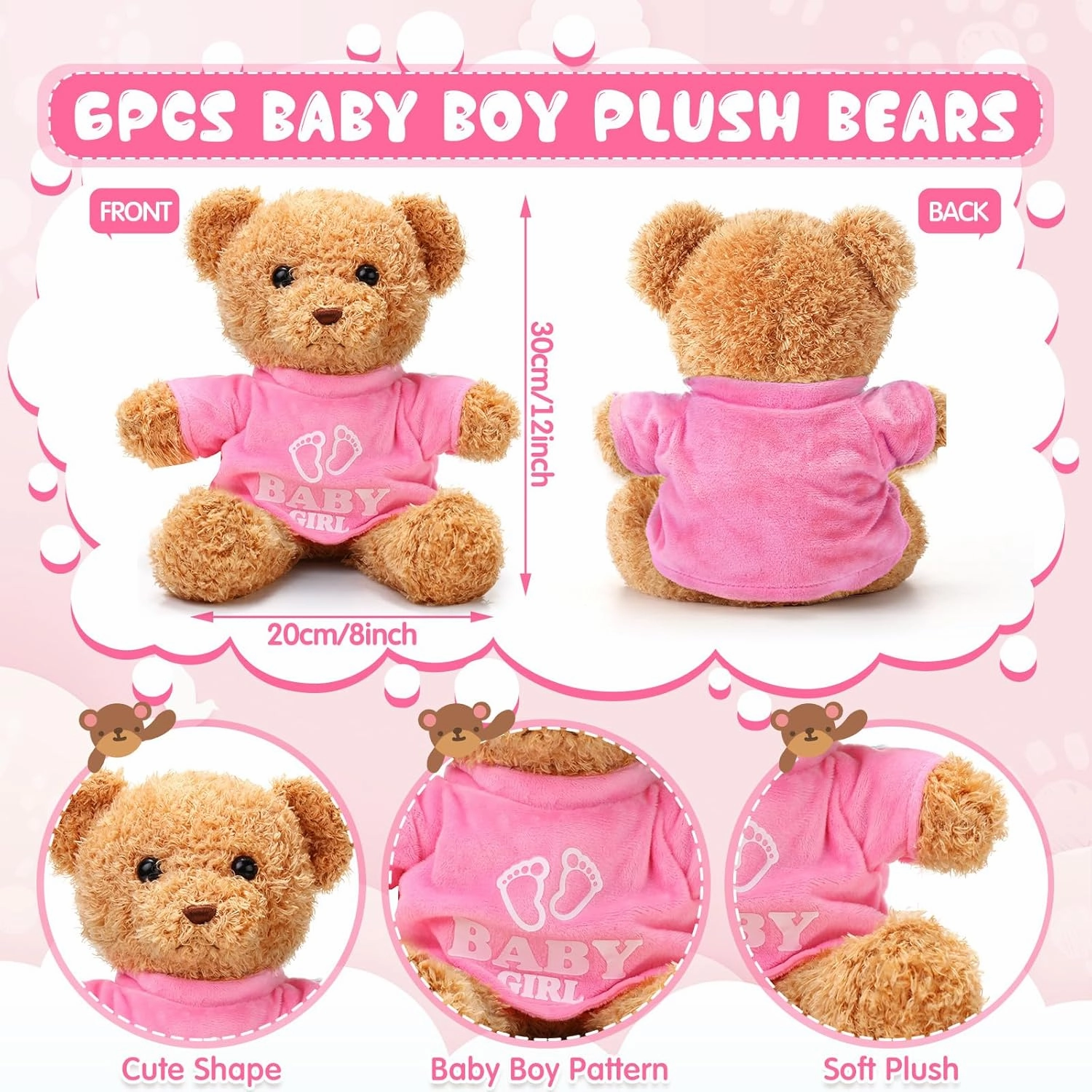 6 Pcs Baby Shower Bear Bulk 12 Inch Stuffed Animal Bear Cute T Shirt Plush Toy Gift Fluffy Decorations for Shower Birthday Gender Reveal Party Favors(Baby Girl)