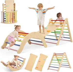 7-in-1 Climbing Toys for Toddlers 1-3 Inside, Foldable Wooden Montessori Climbing Set Indoor, Pikler Triangle Set with Arch, Ramp & Ladder - Rainbow